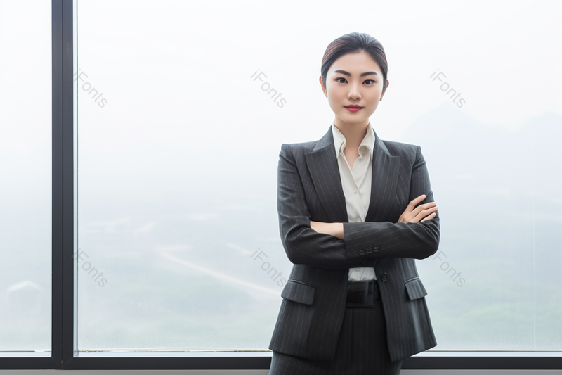 窗前干练的商务女士双手抱胸靠着窗户,高清,摄影图,摄影图片,图片大全,摄影图免费下载